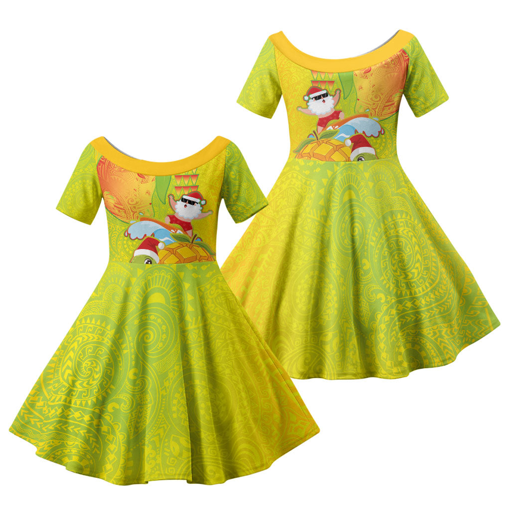 Hawaiian Mango Mele Kalikimaka Family Matching Puletasi and Hawaiian Shirt Santa Claus Surfing with Turtle Mango Christmas LT03 Daughter's Dress Multicolor - Polynesian Pride