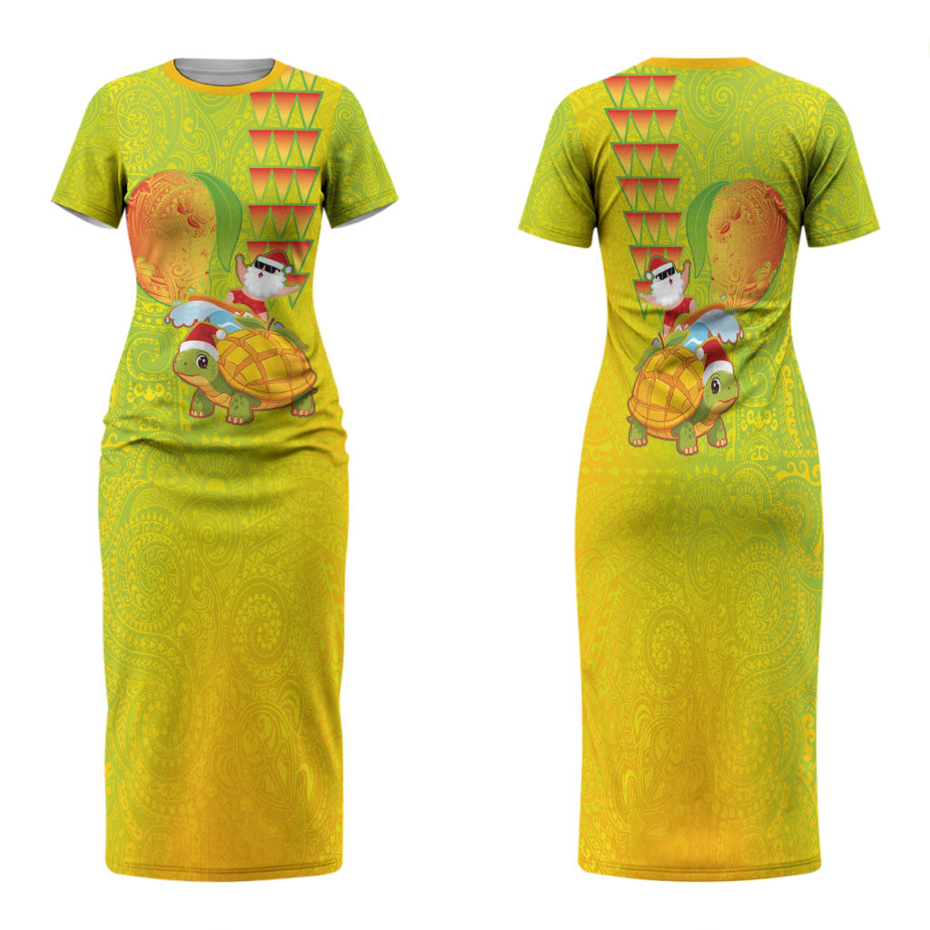 Hawaiian Mango Mele Kalikimaka Family Matching Short Sleeve Bodycon Dress and Hawaiian Shirt Santa Claus Surfing with Turtle Mango Christmas LT03 Mom's Dress Multicolor - Polynesian Pride