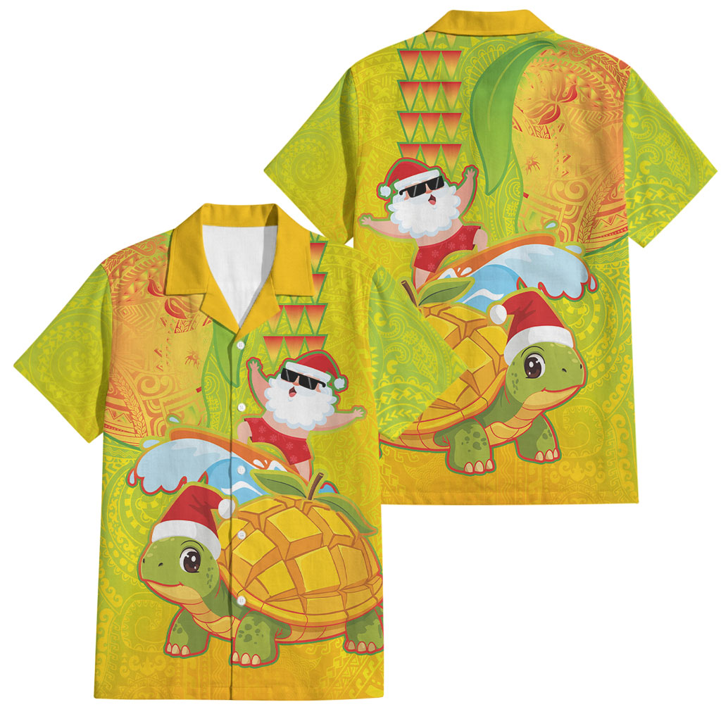 Hawaiian Mango Mele Kalikimaka Family Matching Short Sleeve Bodycon Dress and Hawaiian Shirt Santa Claus Surfing with Turtle Mango Christmas LT03 Dad's Shirt - Short Sleeve Multicolor - Polynesian Pride