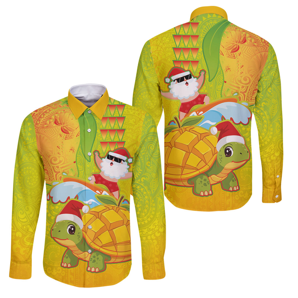 Hawaiian Mango Mele Kalikimaka Family Matching Summer Maxi Dress and Hawaiian Shirt Santa Claus Surfing with Turtle Mango Christmas LT03 Dad's Shirt - Long Sleeve Multicolor - Polynesian Pride