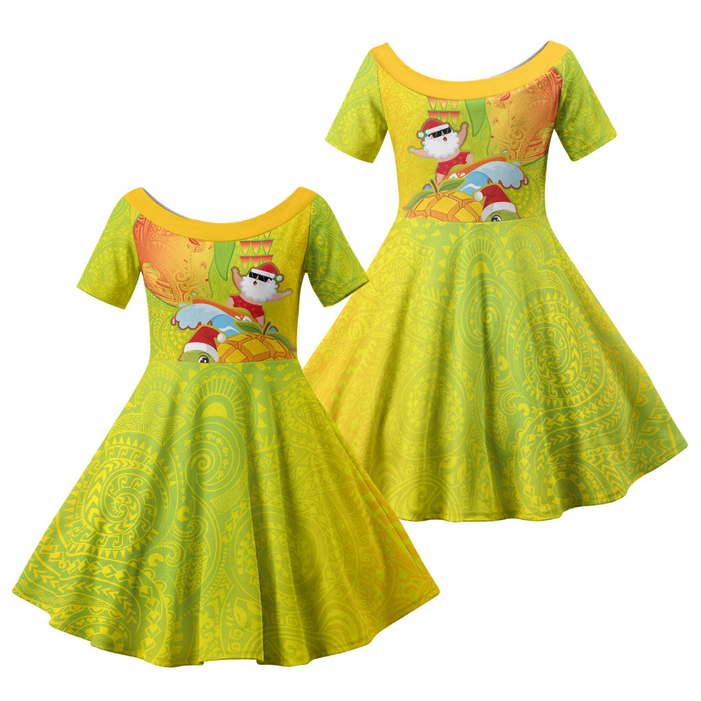 Hawaiian Mango Mele Kalikimaka Family Matching Tank Maxi Dress and Hawaiian Shirt Santa Claus Surfing with Turtle Mango Christmas LT03 Daughter's Dress Multicolor - Polynesian Pride