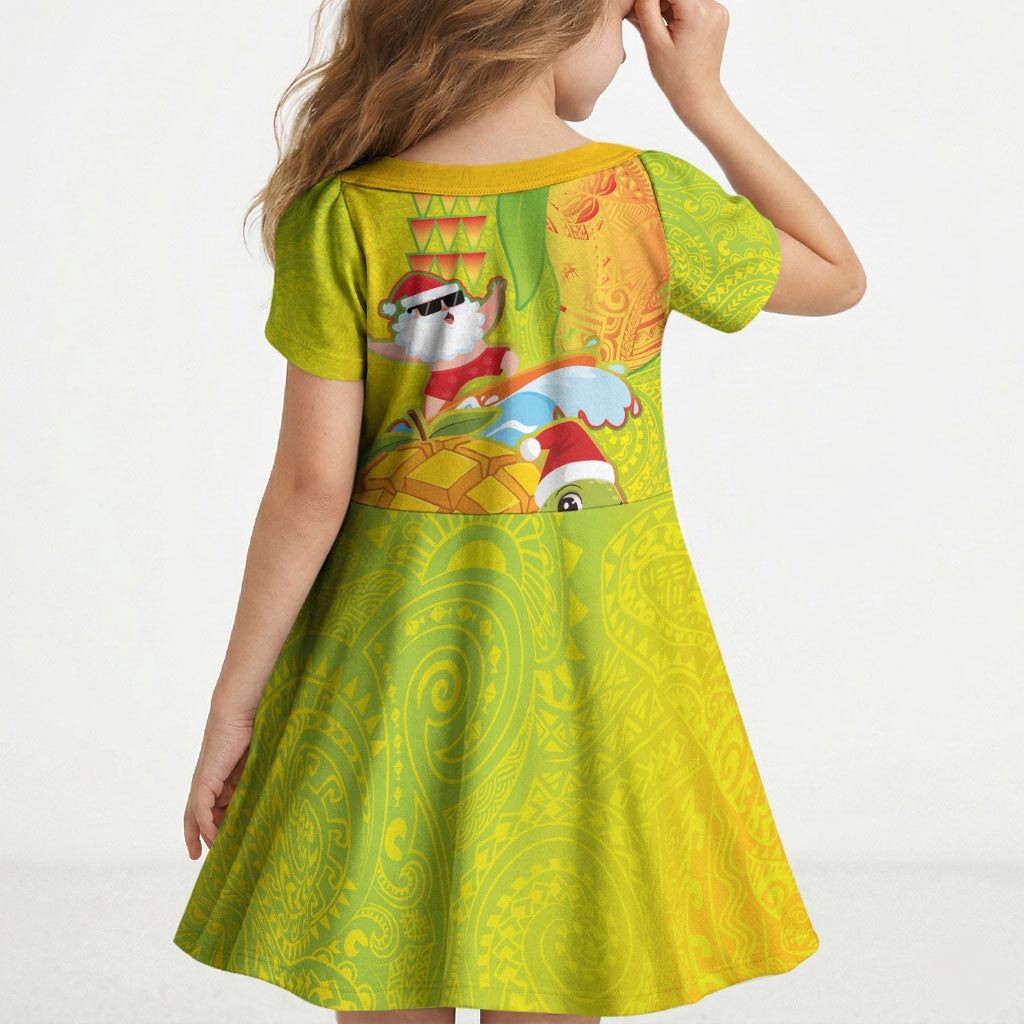 Hawaiian Mango Mele Kalikimaka Kid Short Sleeve Dress Santa Claus Surfing with Turtle Mango Christmas LT03 - Polynesian Pride