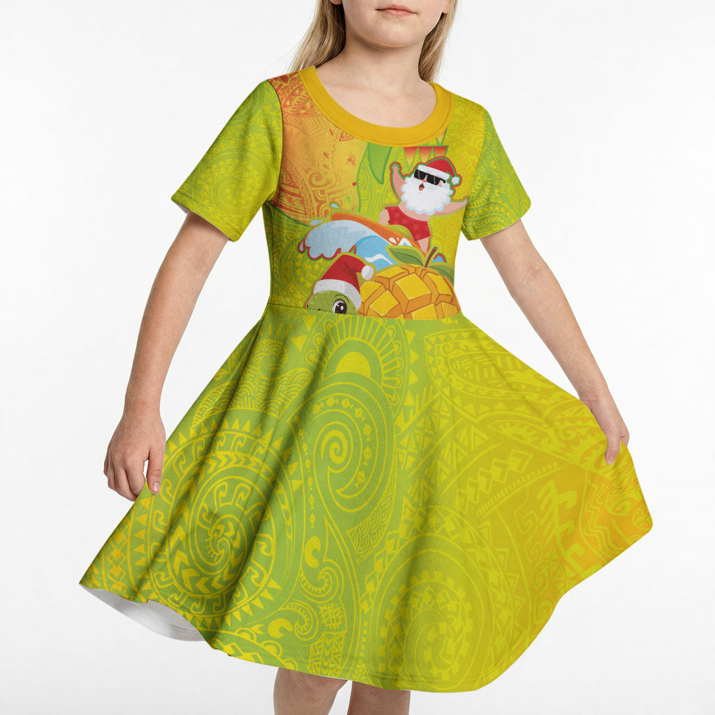 Hawaiian Mango Mele Kalikimaka Kid Short Sleeve Dress Santa Claus Surfing with Turtle Mango Christmas LT03 - Polynesian Pride