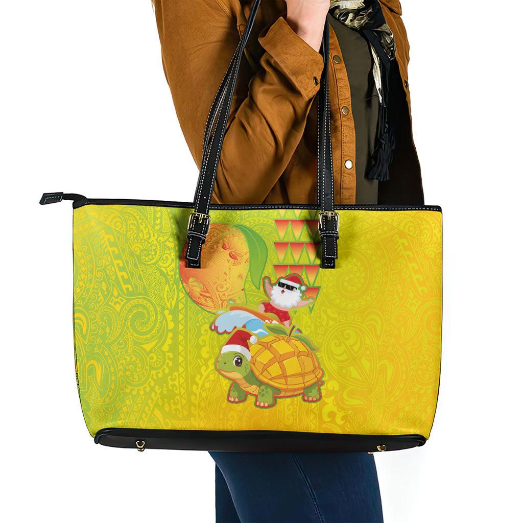 Hawaiian Mango Mele Kalikimaka Leather Tote Bag Santa Claus Surfing with Turtle Mango Christmas LT03 - Polynesian Pride