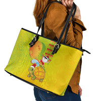 Hawaiian Mango Mele Kalikimaka Leather Tote Bag Santa Claus Surfing with Turtle Mango Christmas LT03 - Polynesian Pride