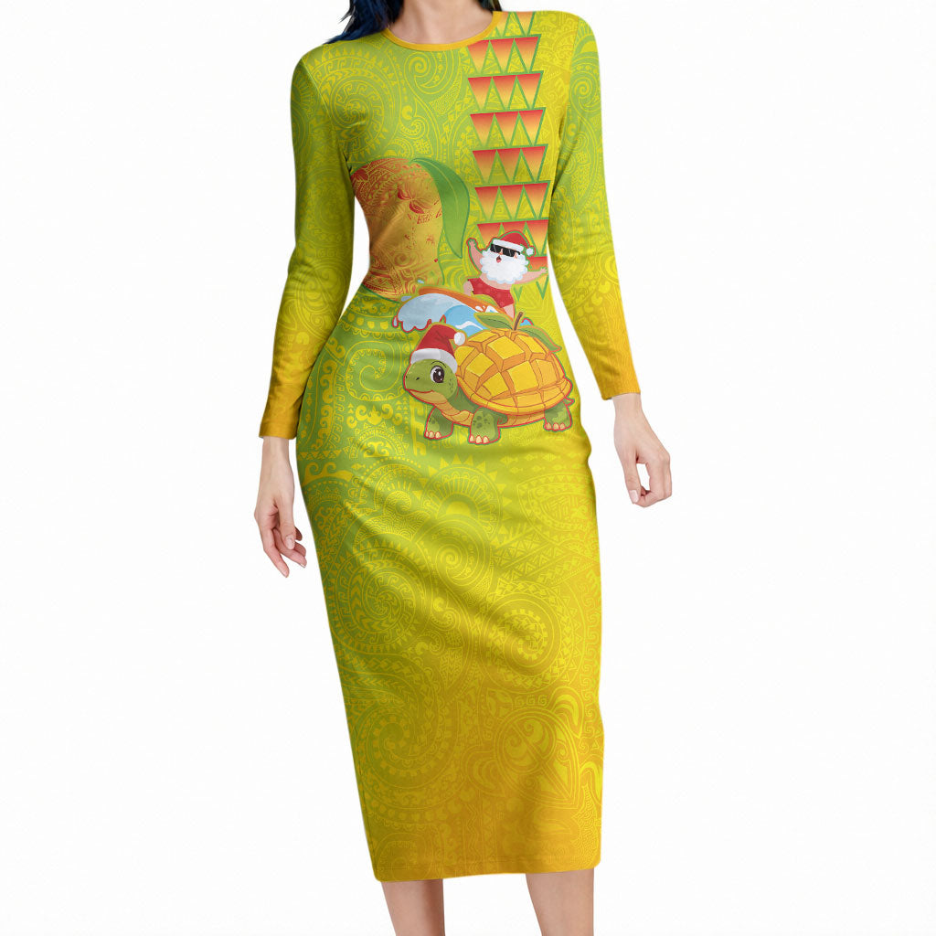Hawaiian Mango Mele Kalikimaka Long Sleeve Bodycon Dress Santa Claus Surfing with Turtle Mango Christmas LT03 Long Dress Multicolor - Polynesian Pride