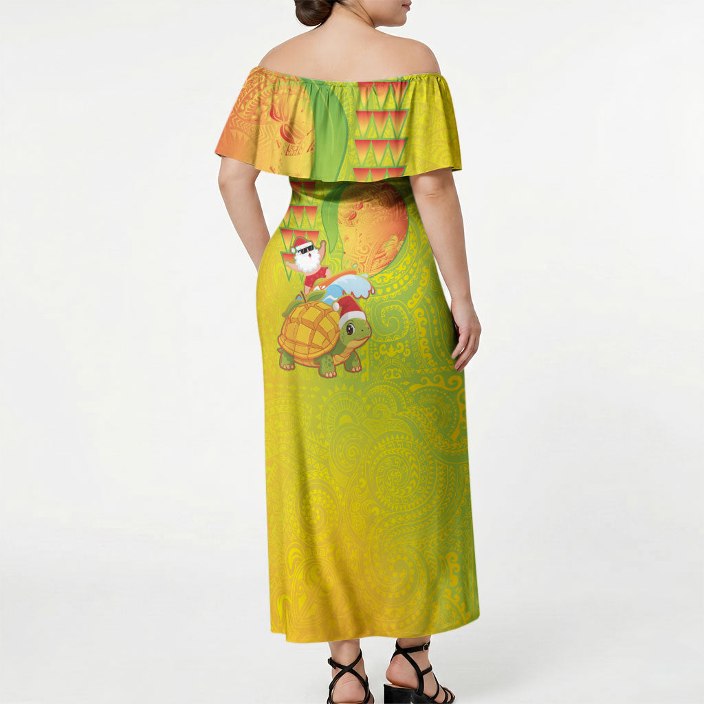 Hawaiian Mango Mele Kalikimaka Off Shoulder Maxi Dress Santa Claus Surfing with Turtle Mango Christmas LT03 - Polynesian Pride