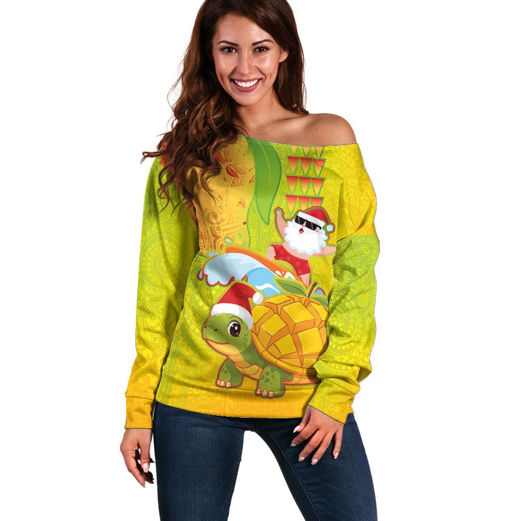 Hawaiian Mango Mele Kalikimaka Off Shoulder Sweater Santa Claus Surfing with Turtle Mango Christmas LT03 Women Multicolor - Polynesian Pride