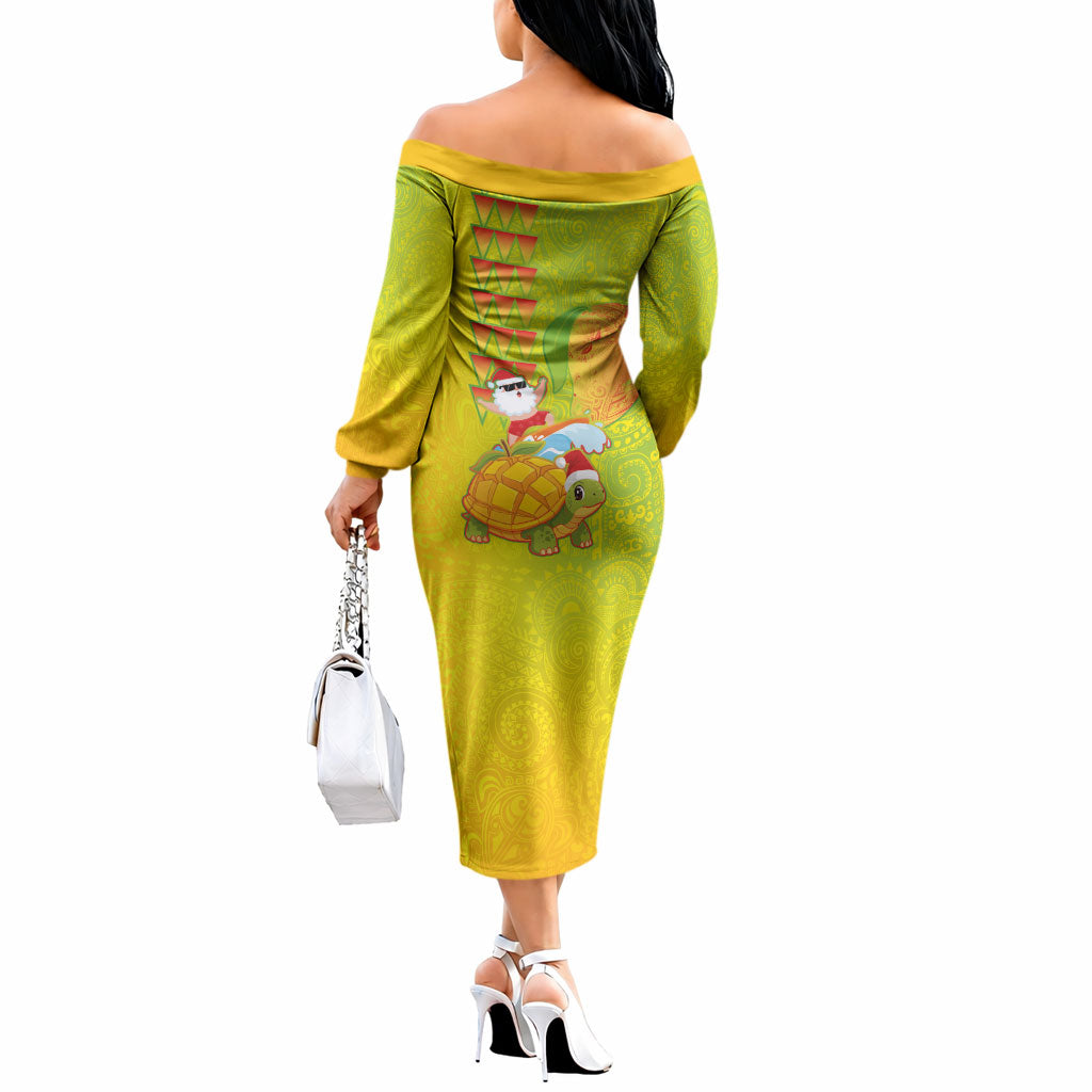Hawaiian Mango Mele Kalikimaka Off The Shoulder Long Sleeve Dress Santa Claus Surfing with Turtle Mango Christmas LT03 - Polynesian Pride