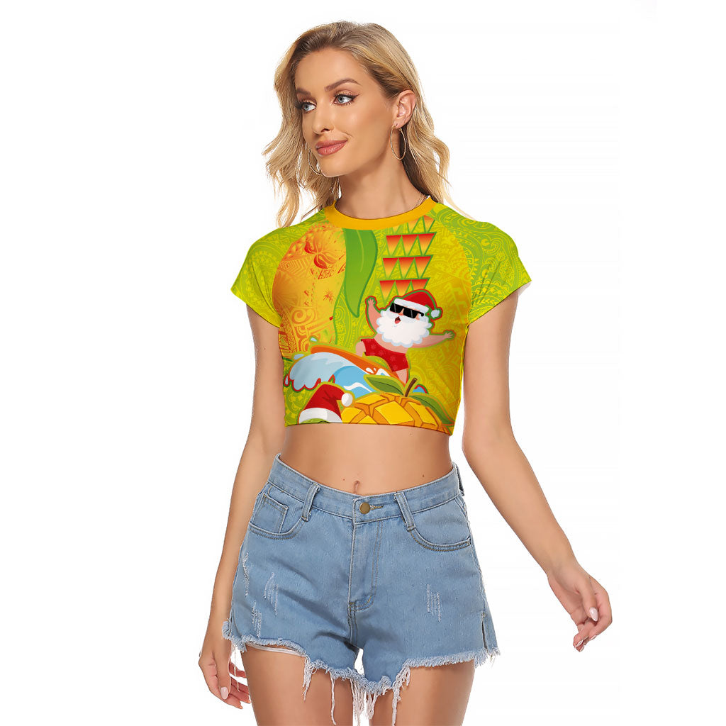 Hawaiian Mango Mele Kalikimaka Raglan Cropped T Shirt Santa Claus Surfing with Turtle Mango Christmas LT03 Female Multicolor - Polynesian Pride