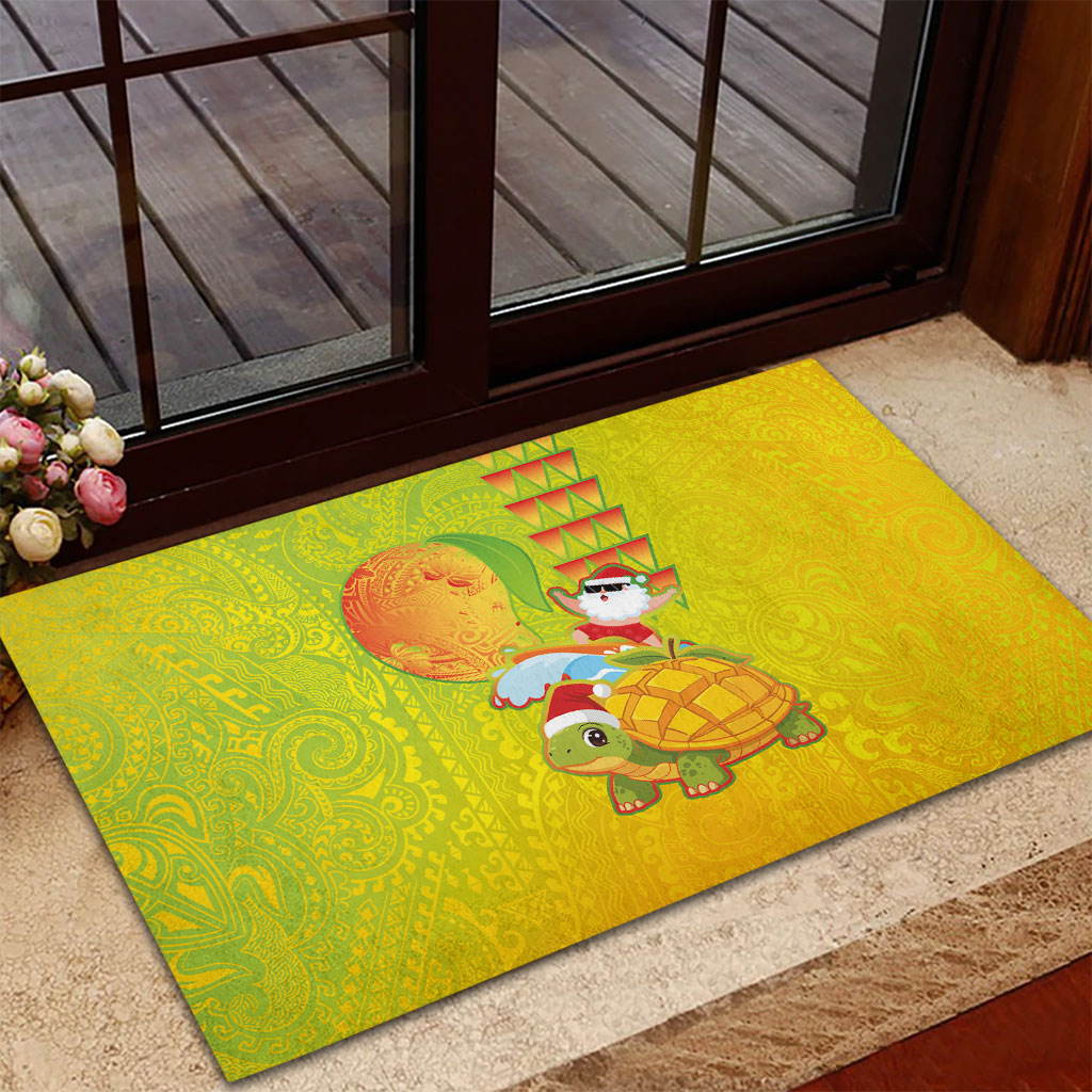 Hawaiian Mango Mele Kalikimaka Rubber Doormat Santa Claus Surfing with Turtle Mango Christmas LT03 - Polynesian Pride