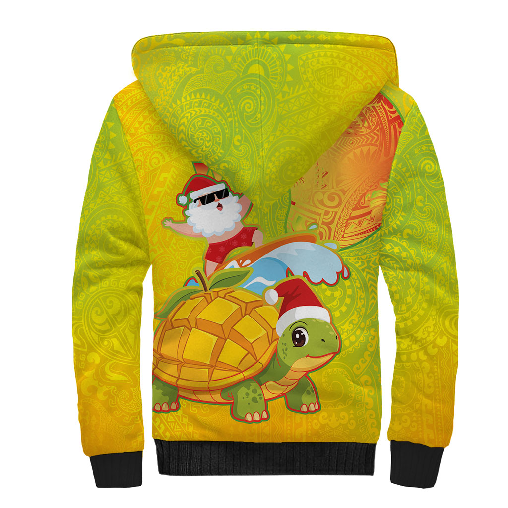 Hawaiian Mango Mele Kalikimaka Sherpa Hoodie Santa Claus Surfing with Turtle Mango Christmas LT03 - Polynesian Pride