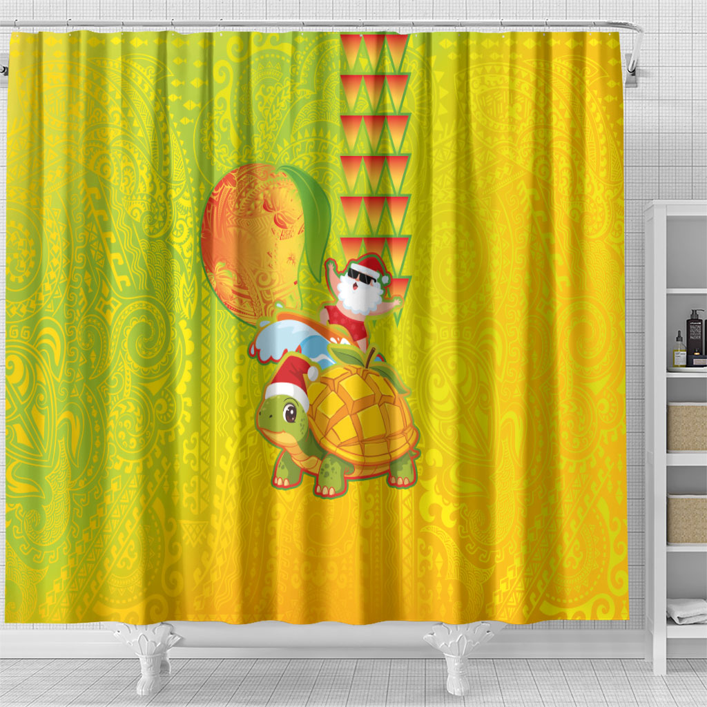 Hawaiian Mango Mele Kalikimaka Shower Curtain Santa Claus Surfing with Turtle Mango Christmas LT03 - Polynesian Pride