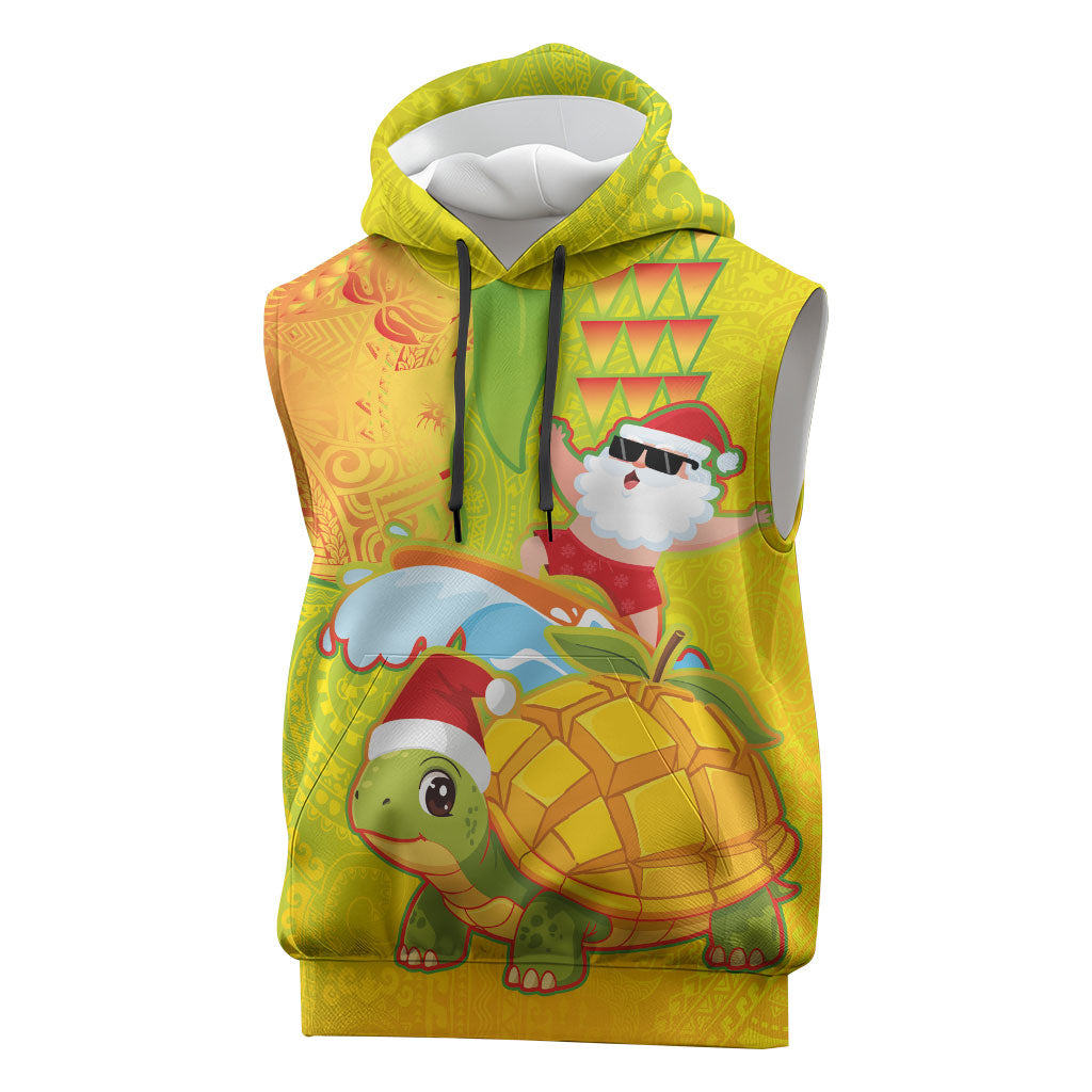 Hawaiian Mango Mele Kalikimaka Sleeveless Hoodie Santa Claus Surfing with Turtle Mango Christmas LT03 Multicolor - Polynesian Pride