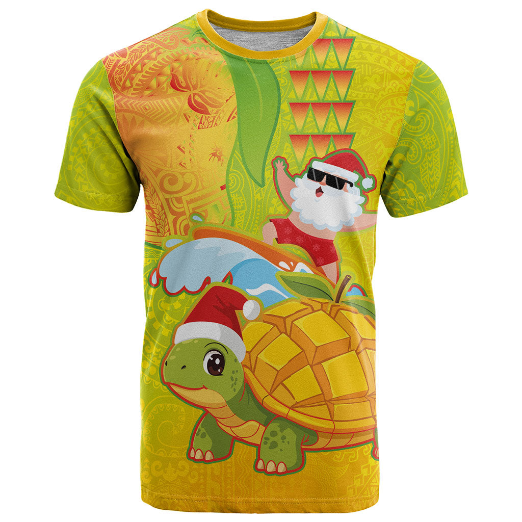 Hawaiian Mango Mele Kalikimaka T Shirt Santa Claus Surfing with Turtle Mango Christmas LT03 Multicolor - Polynesian Pride