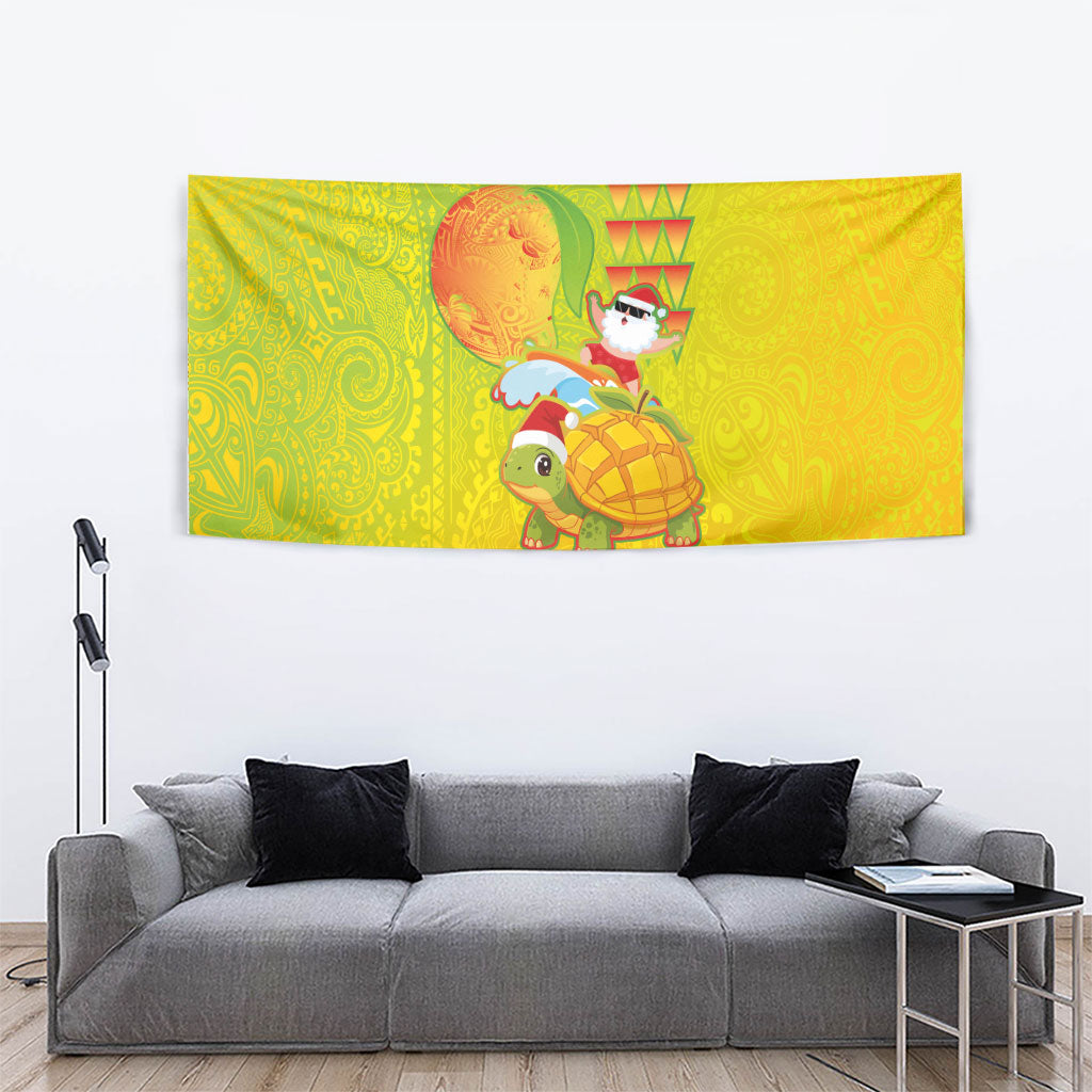 Hawaiian Mango Mele Kalikimaka Tapestry Santa Claus Surfing with Turtle Mango Christmas LT03 - Polynesian Pride