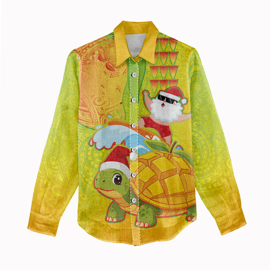 Hawaiian Mango Mele Kalikimaka Women Casual Shirt Santa Claus Surfing with Turtle Mango Christmas LT03 - Polynesian Pride