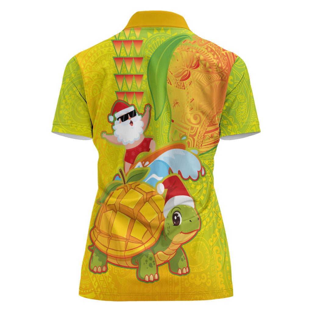 Hawaiian Mango Mele Kalikimaka Women Polo Shirt Santa Claus Surfing with Turtle Mango Christmas LT03 - Polynesian Pride