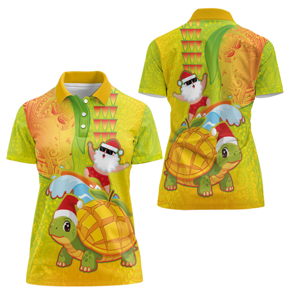 Hawaiian Mango Mele Kalikimaka Women Polo Shirt Santa Claus Surfing with Turtle Mango Christmas LT03 - Polynesian Pride