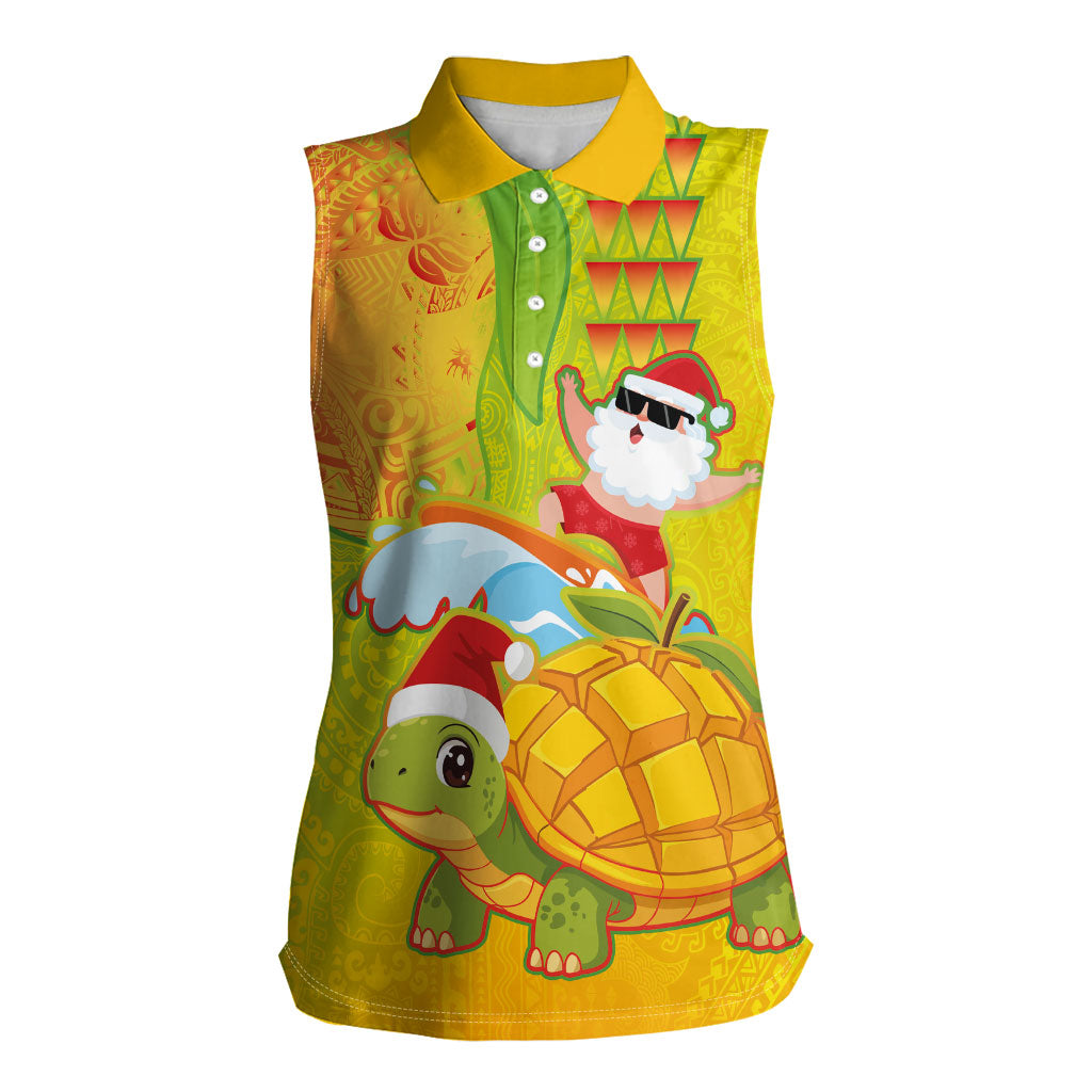 Hawaiian Mango Mele Kalikimaka Women Sleeveless Polo Shirt Santa Claus Surfing with Turtle Mango Christmas LT03 Female Multicolor - Polynesian Pride