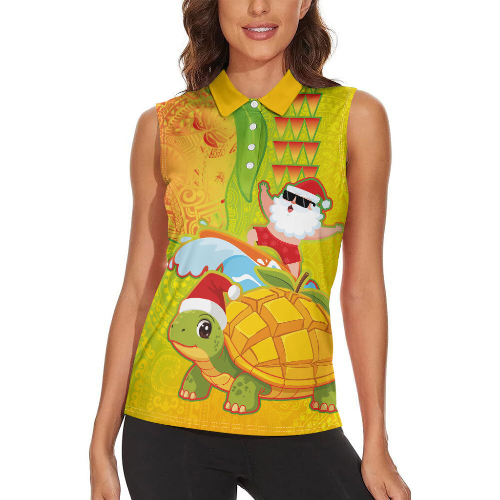 Hawaiian Mango Mele Kalikimaka Women Sleeveless Polo Shirt Santa Claus Surfing with Turtle Mango Christmas LT03 - Polynesian Pride