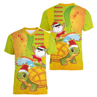 Hawaiian Mango Mele Kalikimaka Women V-Neck T-Shirt Santa Claus Surfing with Turtle Mango Christmas LT03 - Polynesian Pride