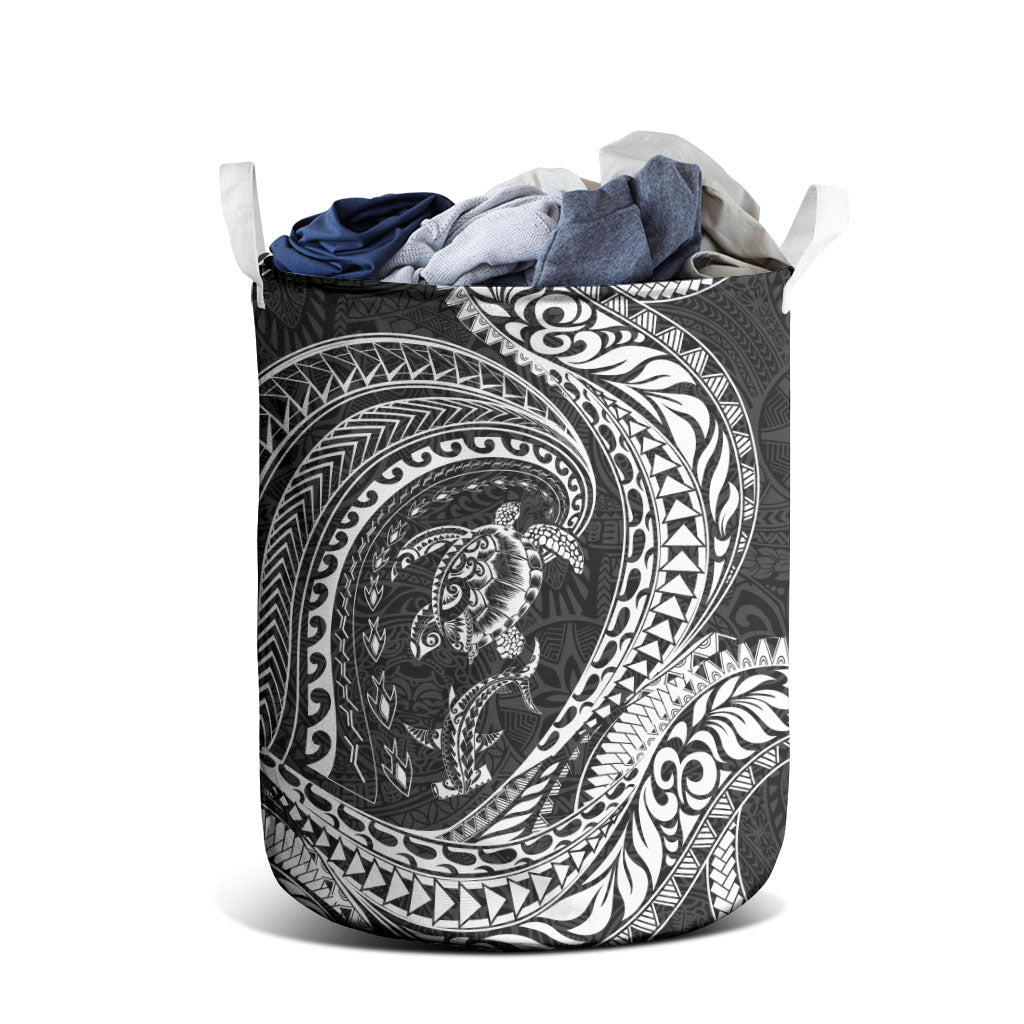Hawaiian Turtle and Shark Laundry Basket Kakau Tribal with Polynesian Pattern Black Color LT03 - Polynesian Pride