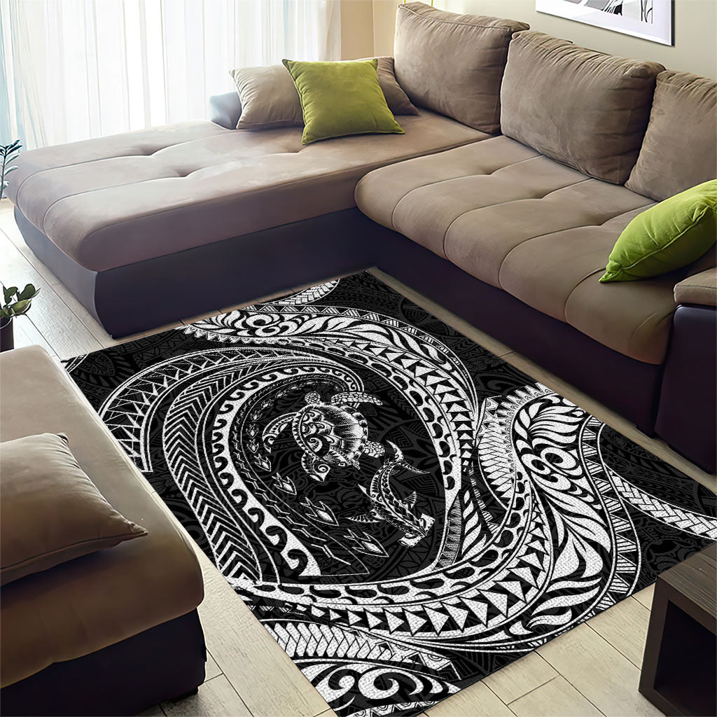 Hawaiian Turtle and Shark Area Rug Kakau Tribal with Polynesian Pattern Black Color LT03 - Polynesian Pride