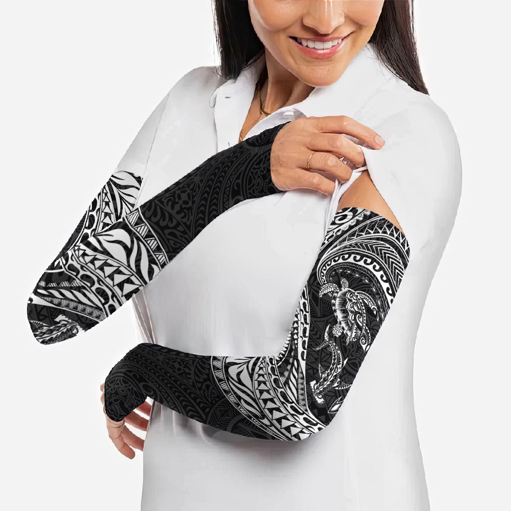 Hawaiian Turtle and Shark Arm Sleeves Kakau Tribal with Polynesian Pattern Black Color LT03 - Polynesian Pride