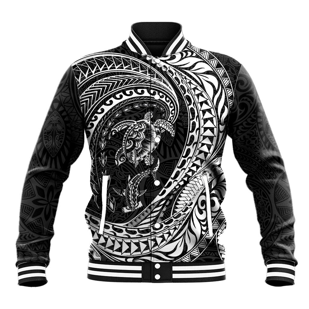 Hawaiian Turtle and Shark Baseball Jacket Kakau Tribal with Polynesian Pattern Black Color LT03 Unisex Black - Polynesian Pride