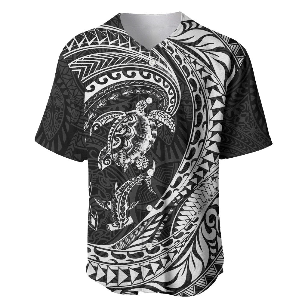 Hawaiian Turtle and Shark Baseball Jersey Kakau Tribal with Polynesian Pattern Black Color LT03 Black - Polynesian Pride