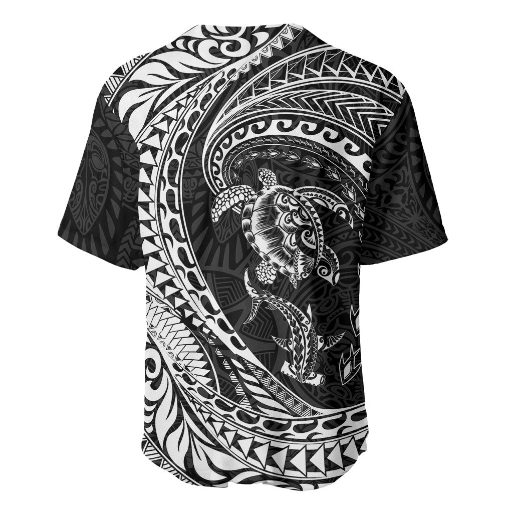 Hawaiian Turtle and Shark Baseball Jersey Kakau Tribal with Polynesian Pattern Black Color LT03 - Polynesian Pride