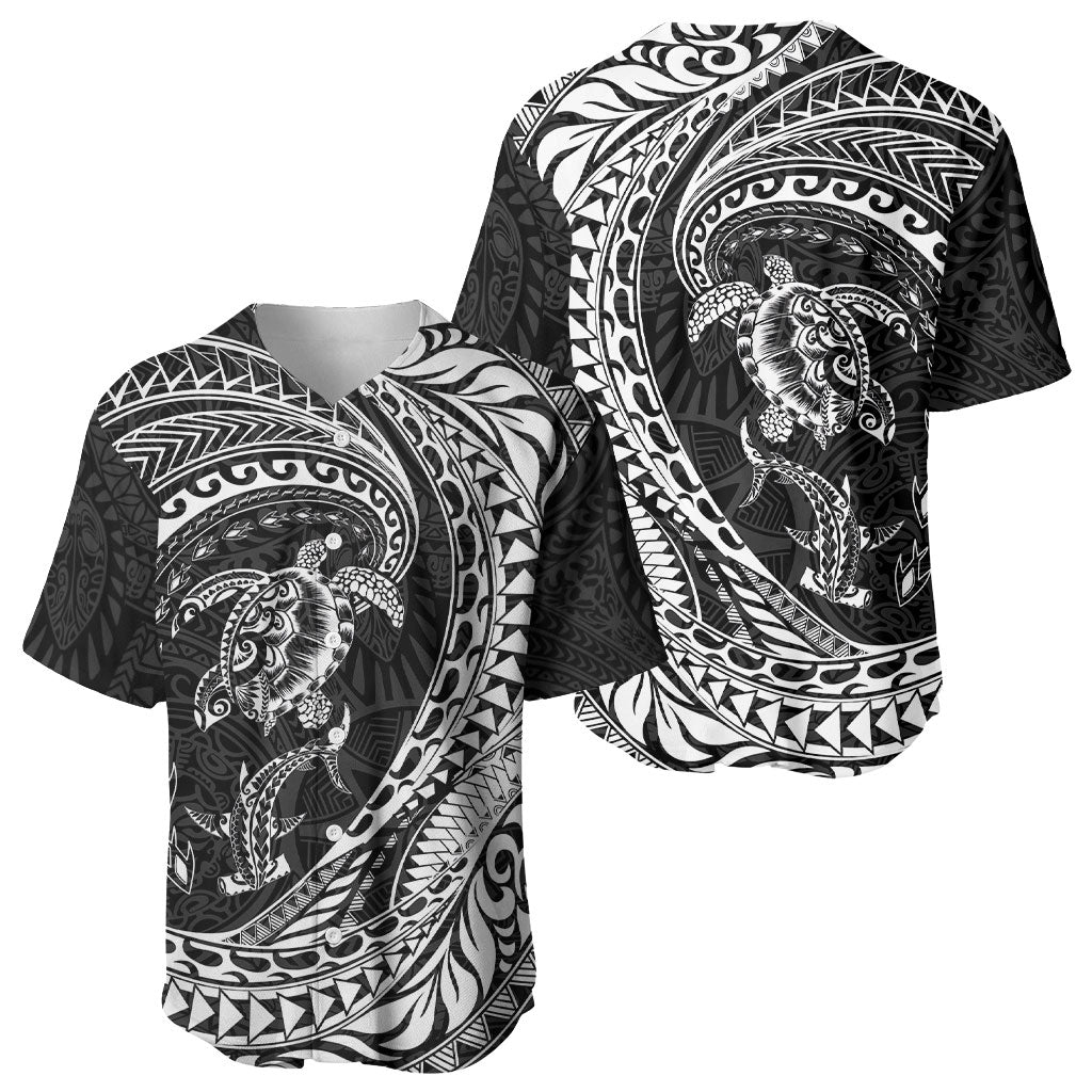 Hawaiian Turtle and Shark Baseball Jersey Kakau Tribal with Polynesian Pattern Black Color LT03 - Polynesian Pride