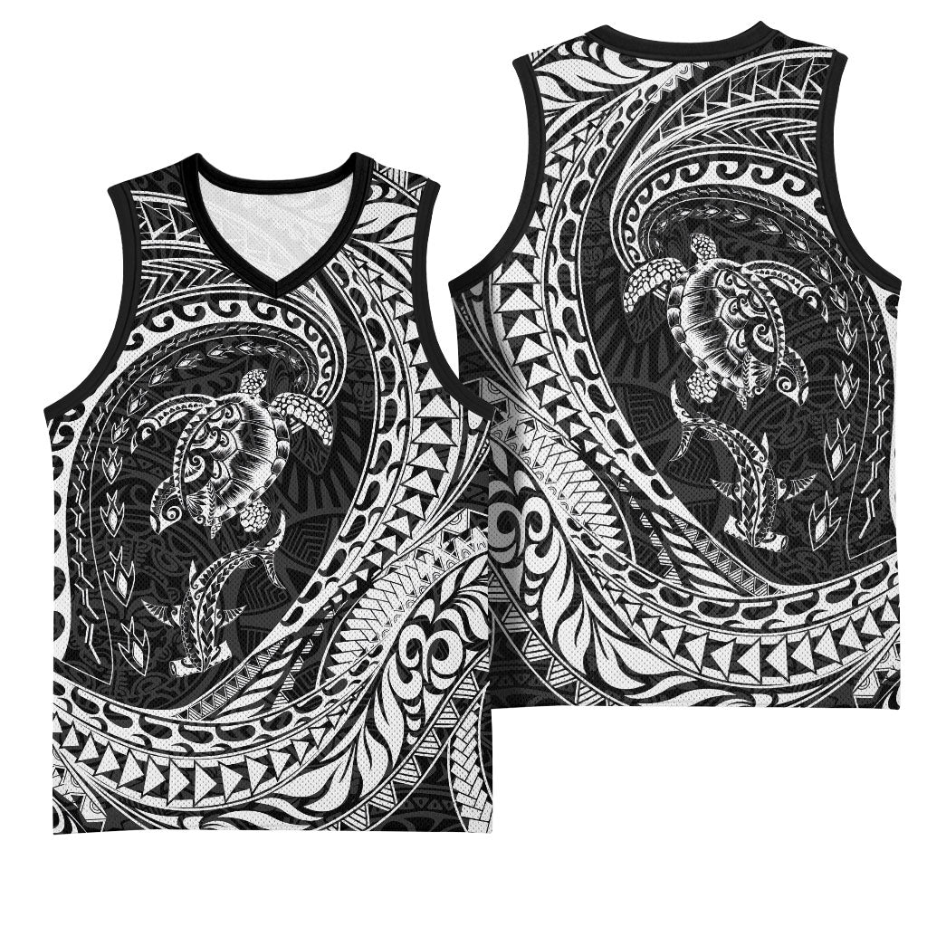 Hawaiian Turtle and Shark Basketball Jersey Kakau Tribal with Polynesian Pattern Black Color LT03 - Polynesian Pride