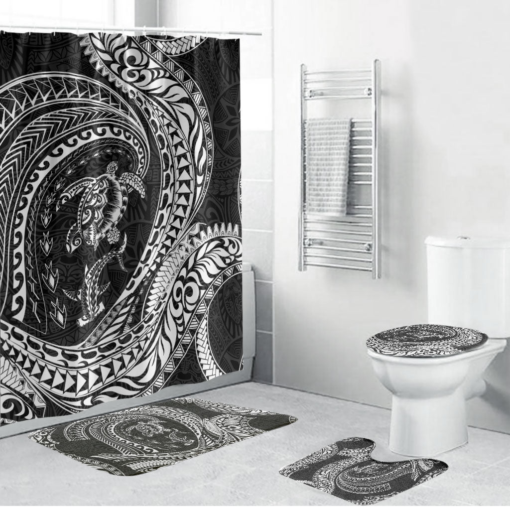 Hawaiian Turtle and Shark Bathroom Set Kakau Tribal with Polynesian Pattern Black Color LT03 Bathroom Set (4 pcs) Black - Polynesian Pride