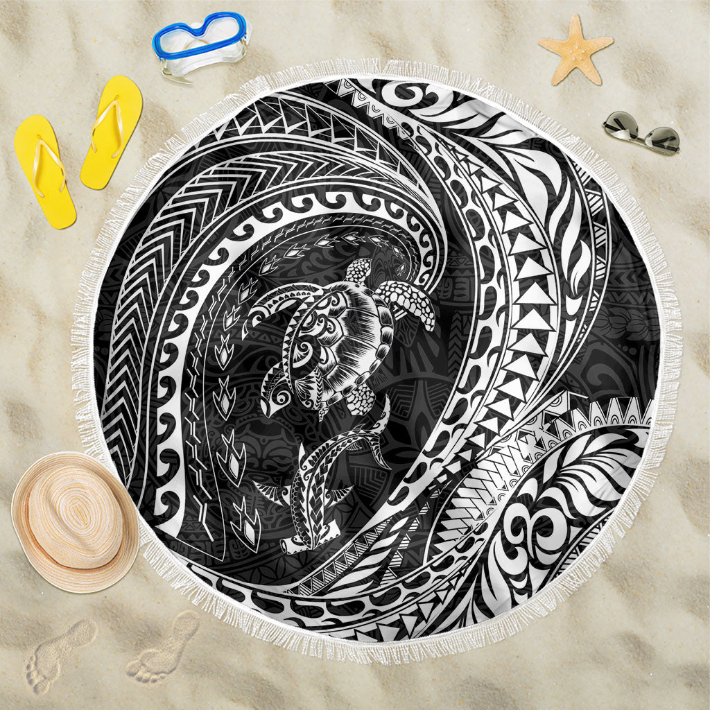 Hawaiian Turtle and Shark Beach Blanket Kakau Tribal with Polynesian Pattern Black Color LT03 One Size 150cm Black - Polynesian Pride