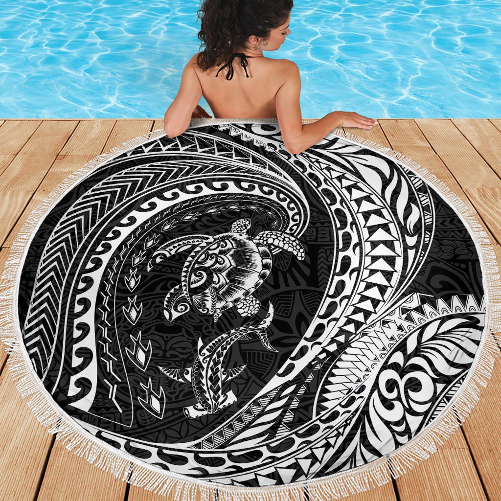 Hawaiian Turtle and Shark Beach Blanket Kakau Tribal with Polynesian Pattern Black Color LT03 - Polynesian Pride