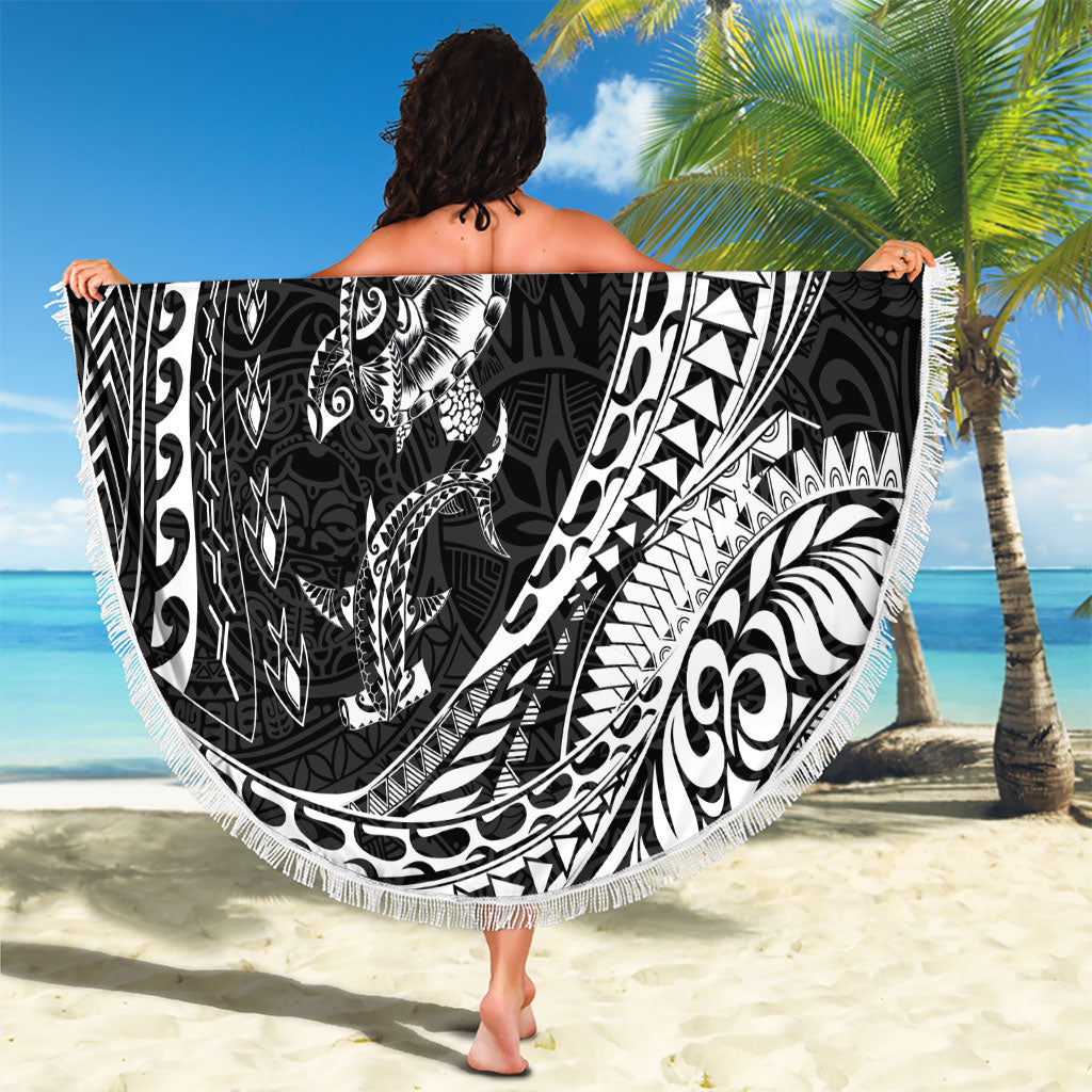 Hawaiian Turtle and Shark Beach Blanket Kakau Tribal with Polynesian Pattern Black Color LT03 - Polynesian Pride