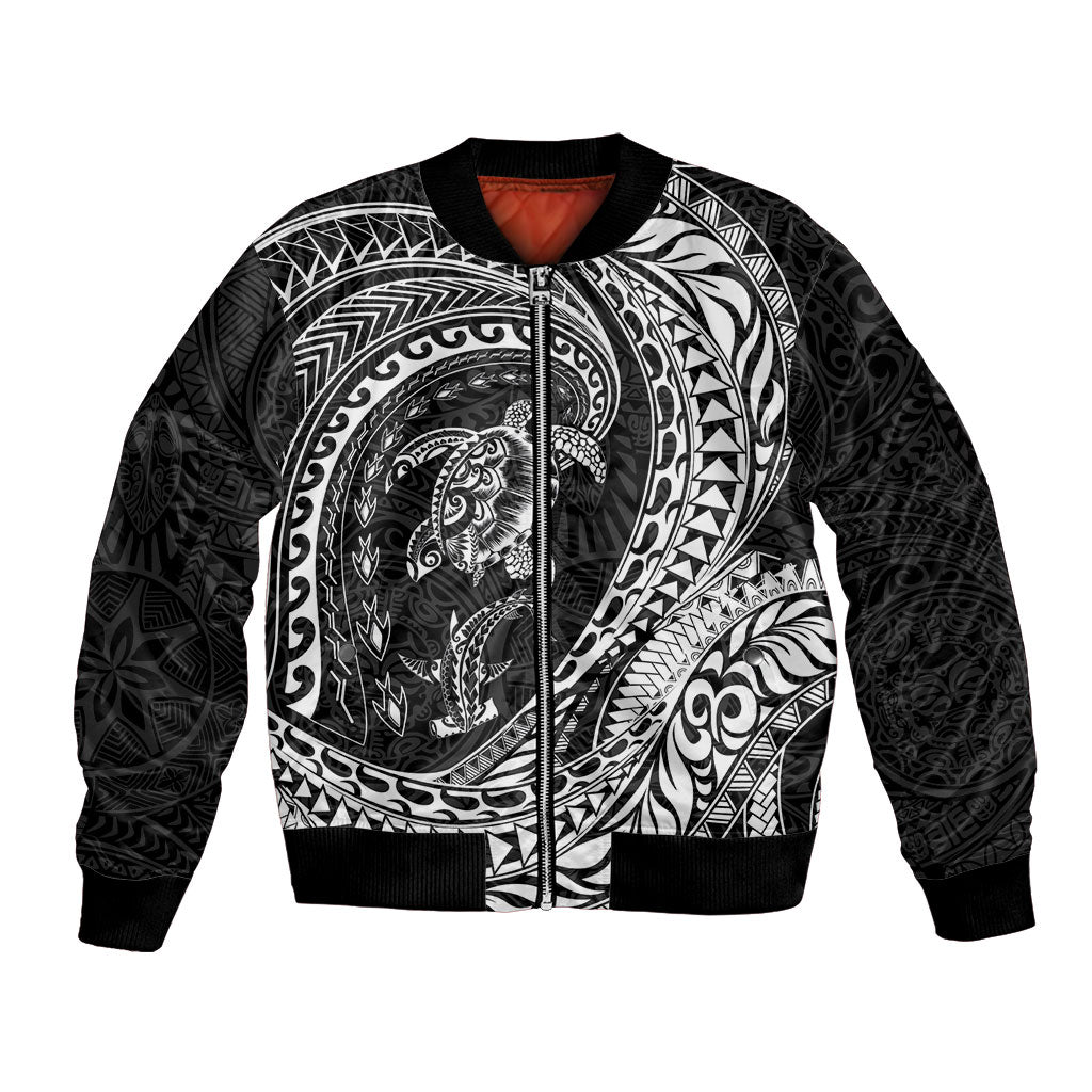 Hawaiian Turtle and Shark Bomber Jacket Kakau Tribal with Polynesian Pattern Black Color LT03 Unisex Black - Polynesian Pride