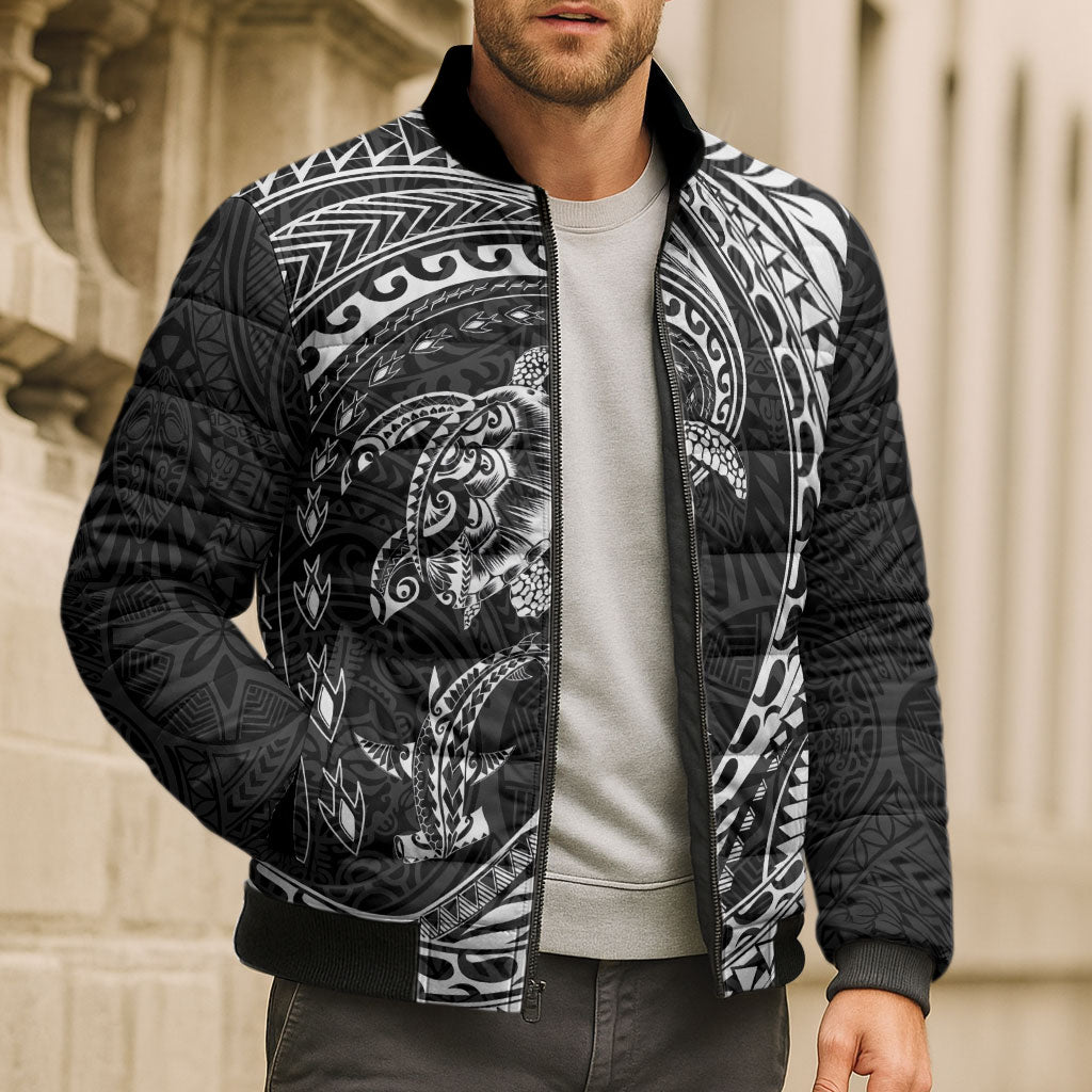 Hawaiian Turtle and Shark Bomber Puffer Jacket Kakau Tribal with Polynesian Pattern Black Color LT03 - Polynesian Pride