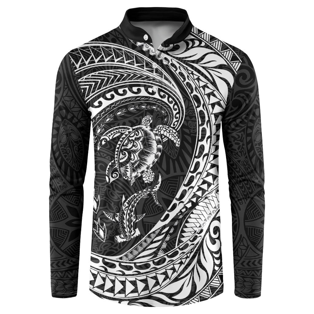 Hawaiian Turtle and Shark Button Sweatshirt Kakau Tribal with Polynesian Pattern Black Color LT03 Black - Polynesian Pride