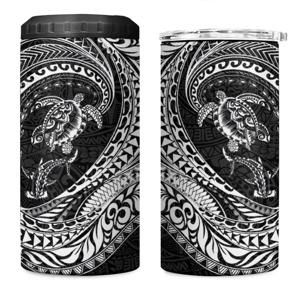 Hawaiian Turtle and Shark 4 in 1 Can Cooler Tumbler Kakau Tribal with Polynesian Pattern Black Color LT03 One Size: 16 oz Black - Polynesian Pride