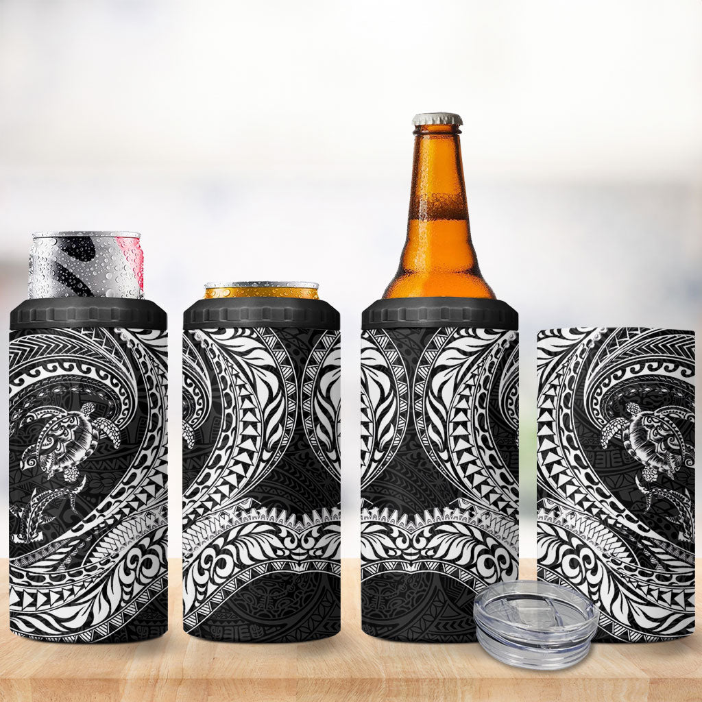Hawaiian Turtle and Shark 4 in 1 Can Cooler Tumbler Kakau Tribal with Polynesian Pattern Black Color LT03 - Polynesian Pride
