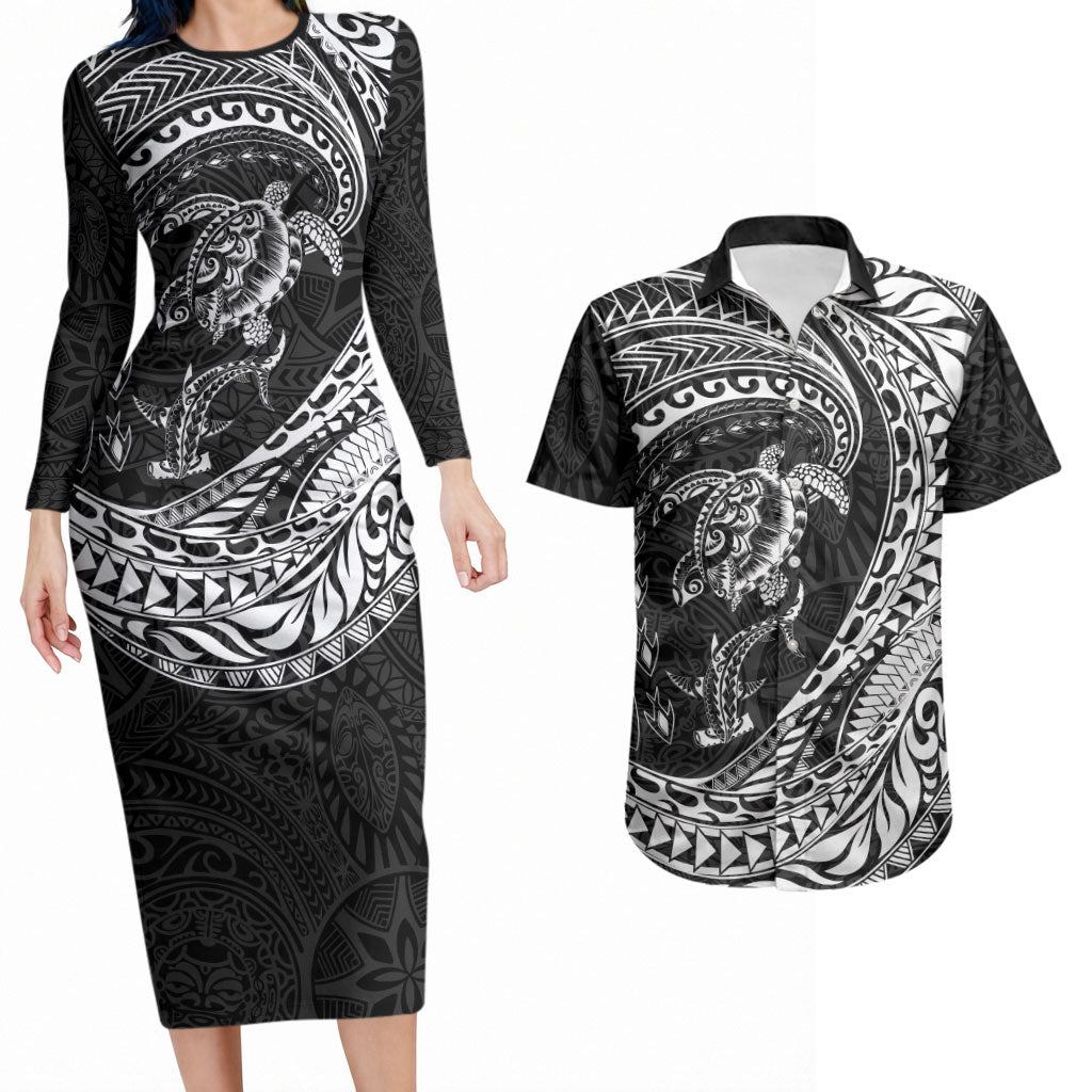Hawaiian Turtle and Shark Couples Matching Long Sleeve Bodycon Dress and Hawaiian Shirt Kakau Tribal with Polynesian Pattern Black Color LT03 Black - Polynesian Pride