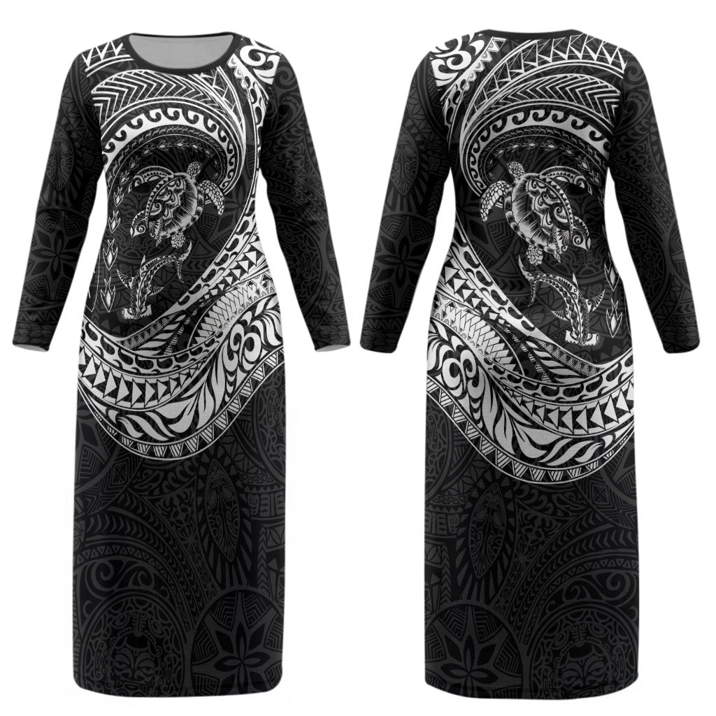 Hawaiian Turtle and Shark Couples Matching Long Sleeve Bodycon Dress and Hawaiian Shirt Kakau Tribal with Polynesian Pattern Black Color LT03 - Polynesian Pride