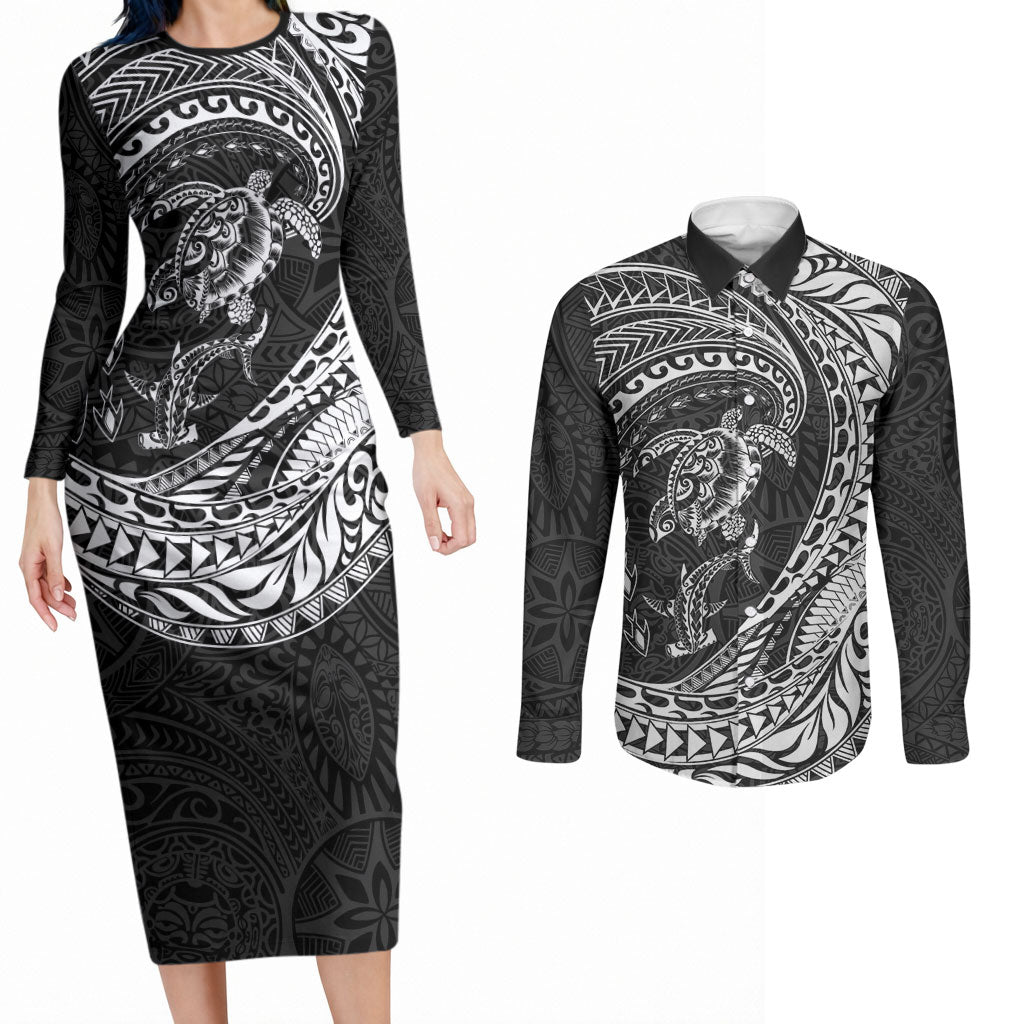Hawaiian Turtle and Shark Couples Matching Long Sleeve Bodycon Dress and Long Sleeve Button Shirt Kakau Tribal with Polynesian Pattern Black Color LT03 Black - Polynesian Pride