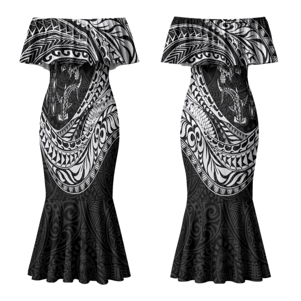 Hawaiian Turtle and Shark Couples Matching Mermaid Dress and Hawaiian Shirt Kakau Tribal with Polynesian Pattern Black Color LT03 - Polynesian Pride