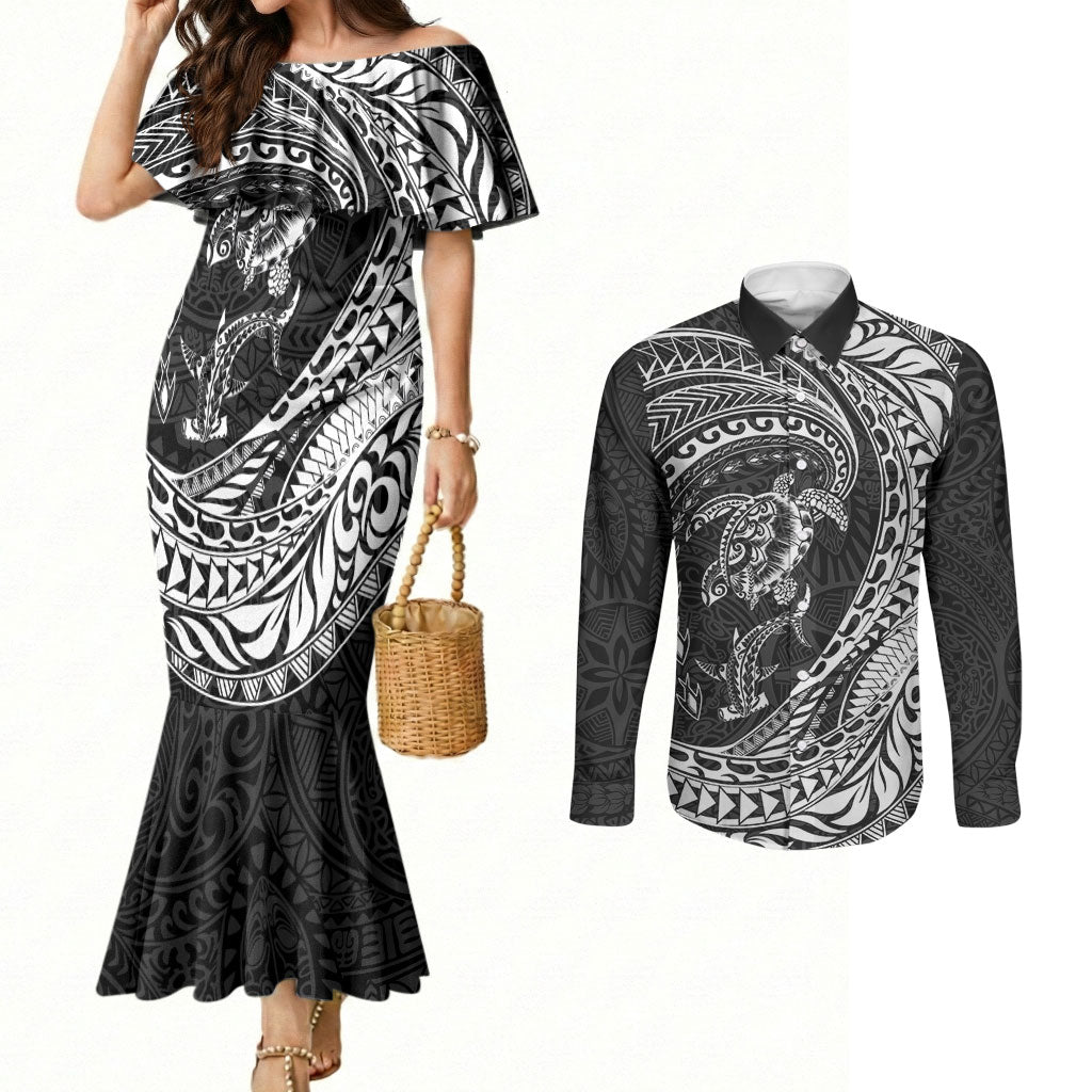 Hawaiian Turtle and Shark Couples Matching Mermaid Dress and Long Sleeve Button Shirt Kakau Tribal with Polynesian Pattern Black Color LT03 Black - Polynesian Pride