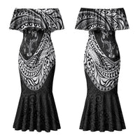 Hawaiian Turtle and Shark Couples Matching Mermaid Dress and Long Sleeve Button Shirt Kakau Tribal with Polynesian Pattern Black Color LT03 - Polynesian Pride