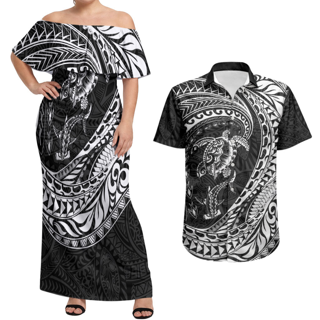 Hawaiian Turtle and Shark Couples Matching Off Shoulder Maxi Dress and Hawaiian Shirt Kakau Tribal with Polynesian Pattern Black Color LT03 Black - Polynesian Pride